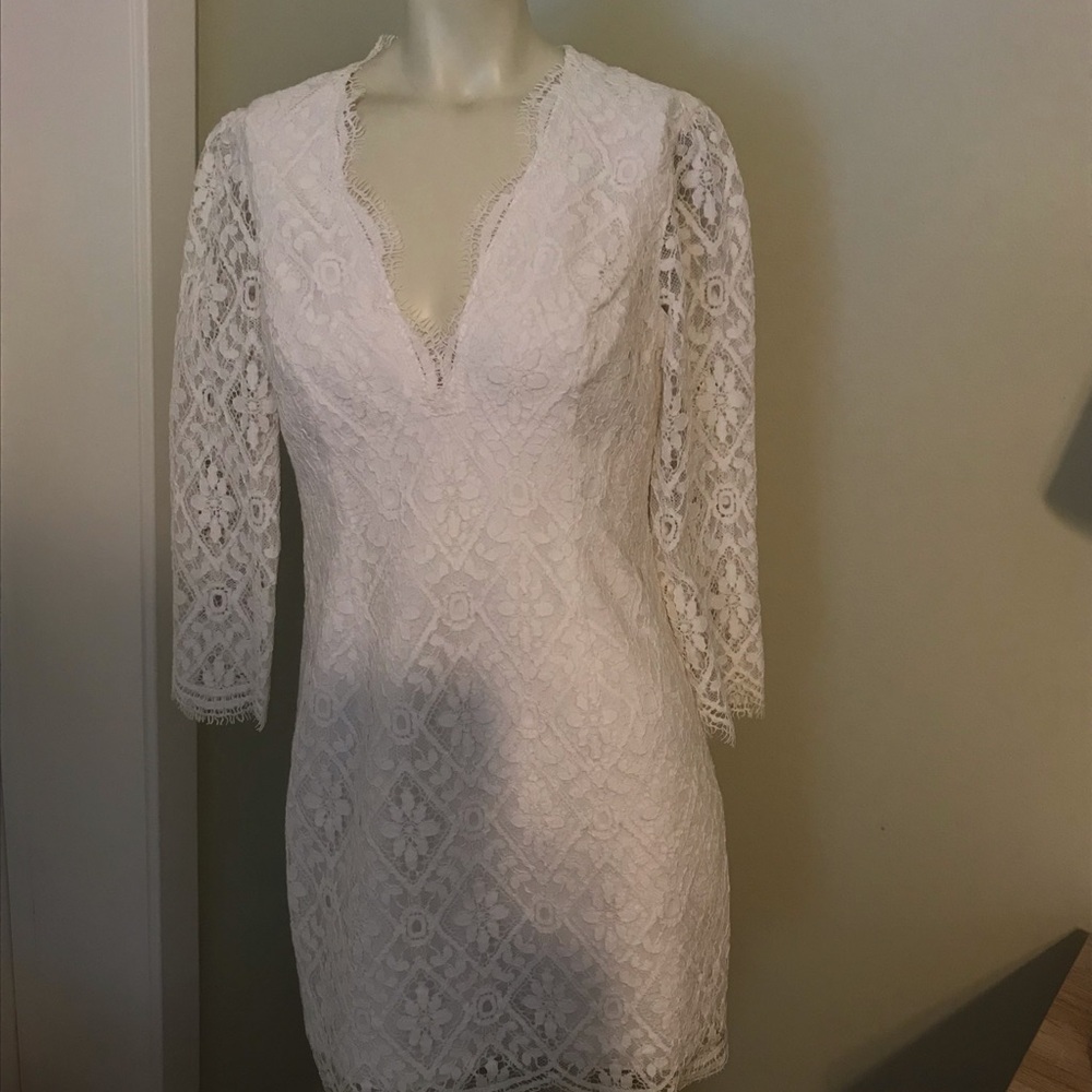 Lilly Pulitzer Cream Sheath Dress with Plunge Neckline and Bishop Sleeves